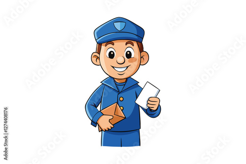 A cartoon of a postal worker in a blue uniform and holding a letter vector art illustration.eps