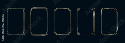 Golden Frames Set. Thin Line Gold Borders Luxury Minimalist Collection. Premium Vector Brass Outline Geometric Rectangles. Linear Decorative Banners with Black Background Isolated