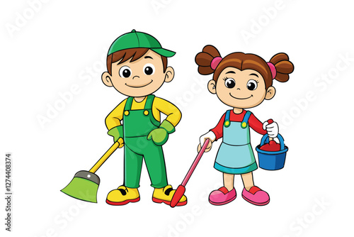 A cartoon of a young boy and girl cleaning the floor vector art illustration.eps