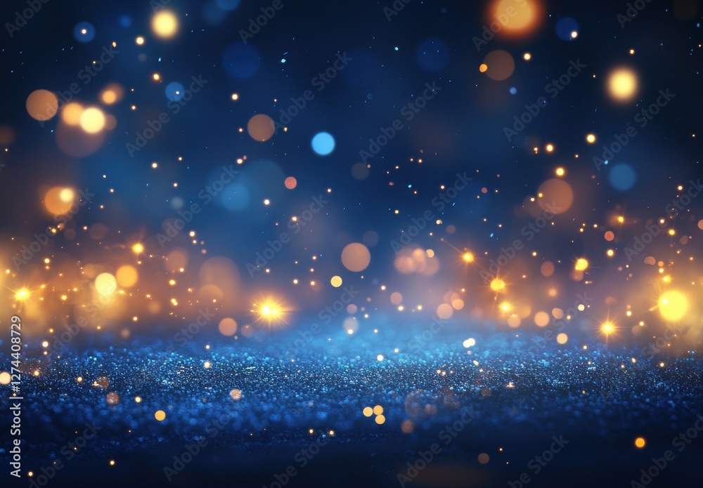 Obraz premium Sparkling Bokeh Texture with Blue and Gold Lights Creating a Dreamy Background for Celebrations, Parties, and Art Projects