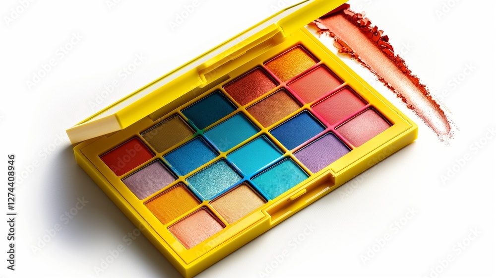 Naklejka premium A set of colorful eyeshadow palettes, opened to reveal vibrant shades, isolated on a white background.