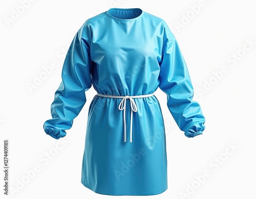 Illustration of blue disposable medical gown with long sleeves, ties at waist, wrist. Protective sterile clothing for healthcare professionals. Doctors wear for hospital hygiene, surgery, health