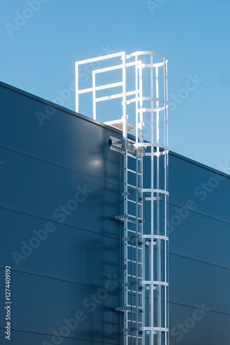 Metal Cage Ladder on a Modern Industrial Building Against a Clear Blue Sky