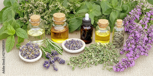 Herbal remedies: essential oils in bottles alongside fresh herbs and flower blossoms on a textured surface.