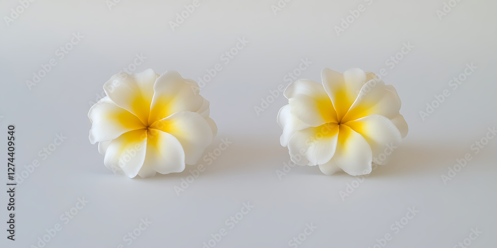 Two delicate white and yellow plumeria flowers sit side-by-side on a clean light-colored surface. Two delicate white and yellow plumeria flowers sit side-by-side on a clean light-colored surface.