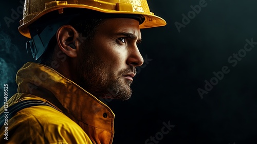 A close-up profile view of a male construction worker wearing a bright yellow safety helmet and waterproof jacket, copy space