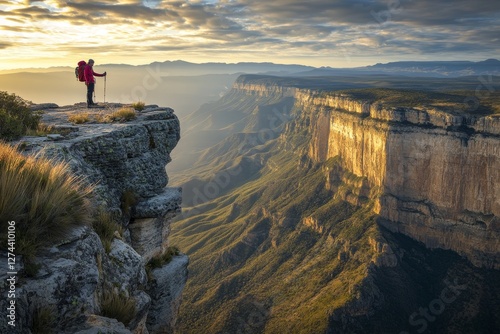 A lone hiker on a cliff at sunrise  a captivating journey into nature s majestic beauty photo