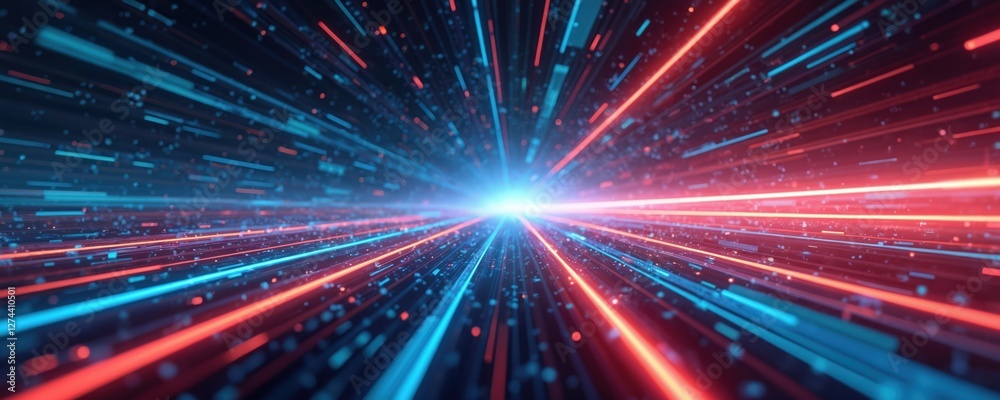 Naklejka premium Illustration of future tech line background with light effect in cyberpunk style. Red, blue lines moving from center. Tech concept design for banner background wallpaper. Futuristic digital graphic