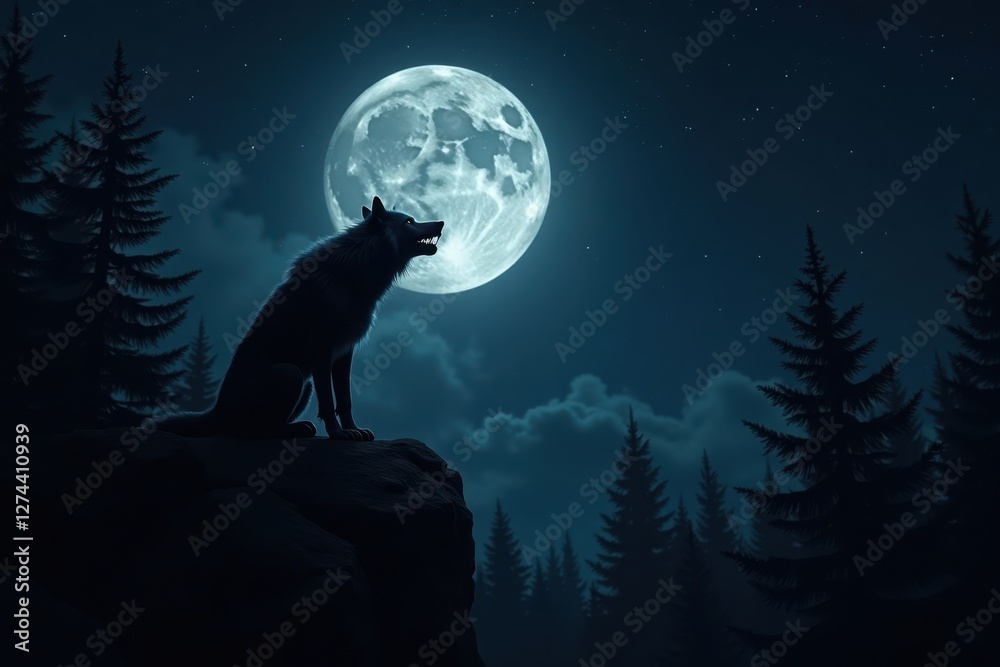 A spooky werewolf howls at the full moon atop a rocky cliff, surrounded by dark pine trees. The night sky is filled with stars, adding to the hauntingly beautiful scene A spooky werewolf howls at the full moon atop a rocky cliff, surrounded by dark pine trees. The night sky is filled with stars, adding to the hauntingly beautiful scene