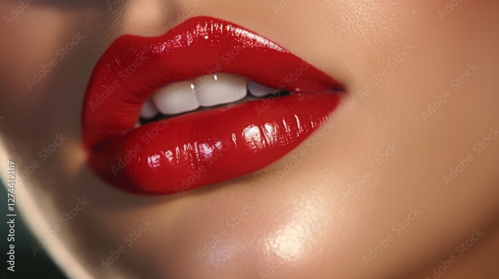 Fototapeta premium Close up of a woman skillfully applying red lipstick with glossy lips under soft studio lighting