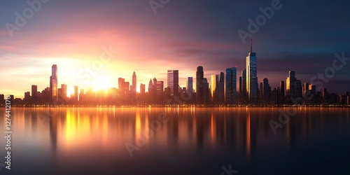 modern skyscrapers reflecting sunset light, urban cityscape view