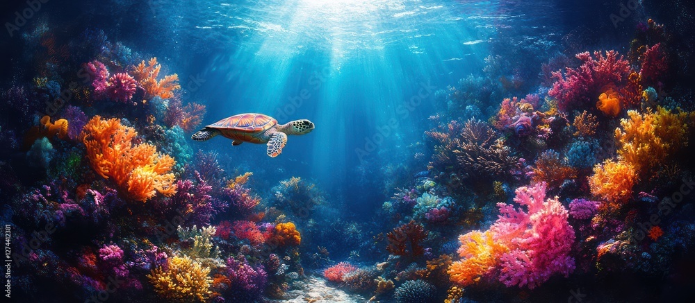Fototapeta premium Sea turtle swimming over vibrant coral reef.