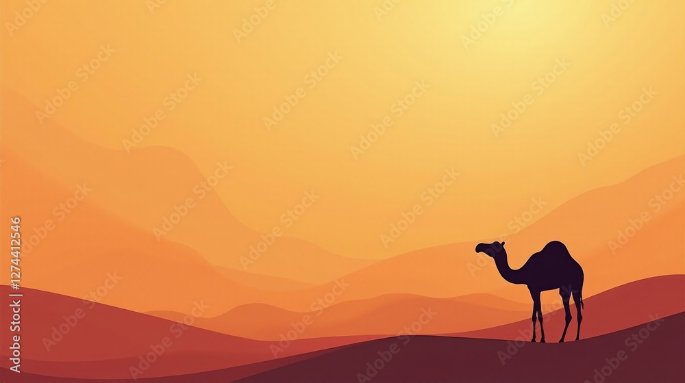 A solitary camel stands against a serene, golden desert backdrop. A solitary camel stands against a serene, golden desert backdrop.