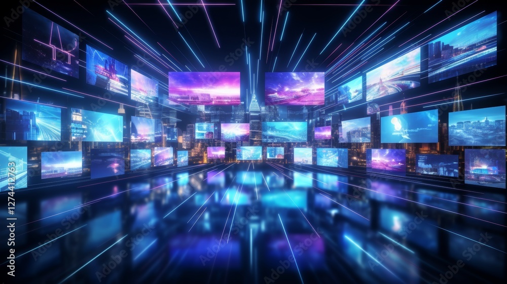 Futuristic media wall with dynamic content across multiple high definition screens in vibrant colors Futuristic media wall with dynamic content across multiple high definition screens in vibrant colors