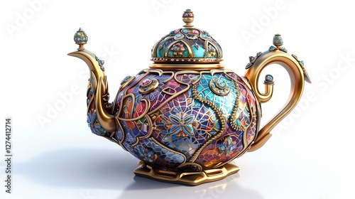 An intricately illustrated toy teapot, with fine detailing and reflections, placed on a bright white background.
