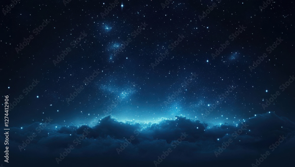 Fototapeta premium Stunning night sky filled with shimmering stars and celestial beauty over soft, ethereal clouds illuminating the horizon in a tranquil, dreamy atmosphere