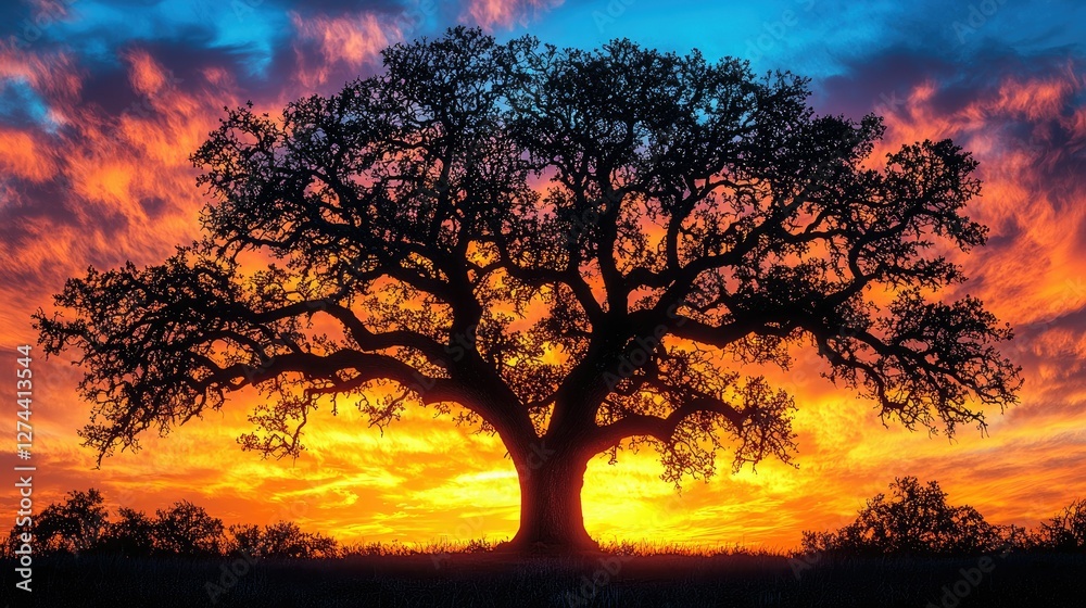 Majestic Oak Tree Silhouette Against Vibrant Sunset Sky Majestic Oak Tree Silhouette Against Vibrant Sunset Sky