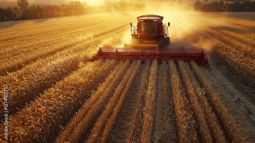 Combine Harvester Harvesting Golden Wheat Field at Sunset photo