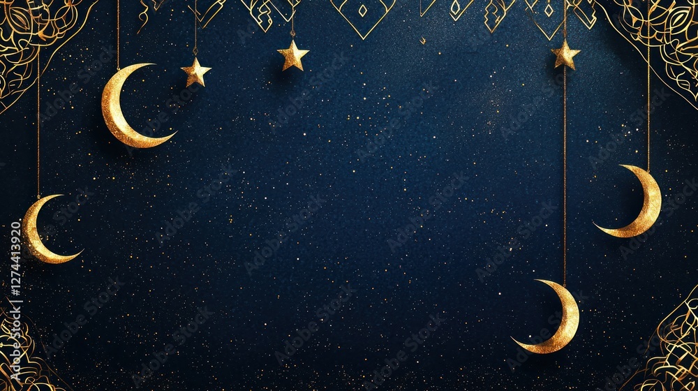 Fototapeta premium Elegant night sky with golden crescent moons and stars against a deep blue background, ideal for festive themes
