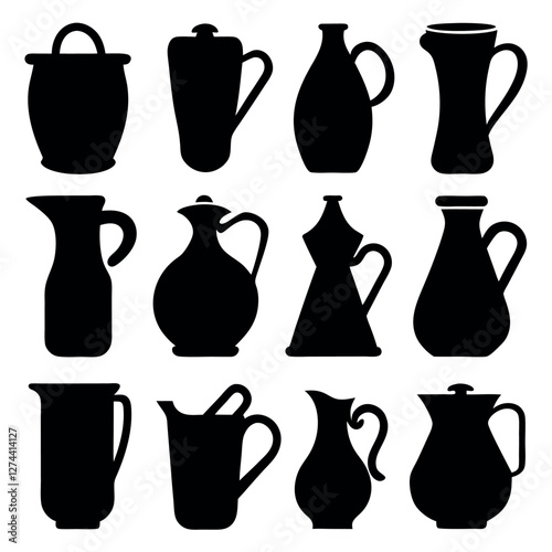 Collection of Black and White Silhouettes of Various Coffee and Tea Vessels