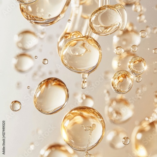Golden liquid bubbles floating in a serene space with soft light and elegant reflections for skincare product