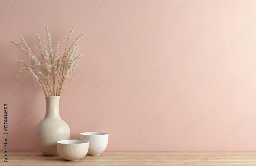 Neutral pink wall illustration with empty space, vase, dry plant, two ceramic bowls on wooden desk. Interior with monochrome trendy colors, decor. Modern minimalist design mock-up for product Neutral pink wall illustration with empty space, vase, dry plant, two ceramic bowls on wooden desk. Interior with monochrome trendy colors, decor. Modern minimalist design mock-up for product