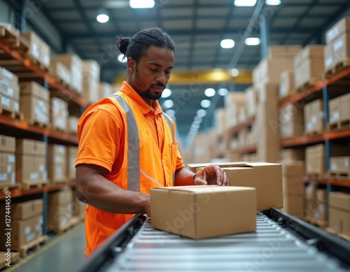 Worker in orange hi-vis vest labeling cardboard boxes on conveyor belt inside warehouse. African American man working at manufacturing plant, loading boxes. Industrial facility, logistics solutions.