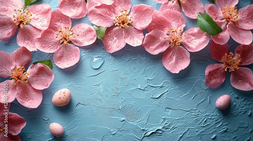 Pink cherry blossom flowers with dew on a blue textured background, featuring decorative eggs for spring