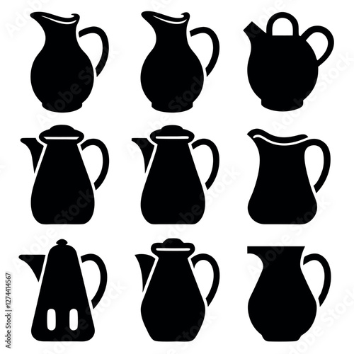 Collection of Black and White Silhouettes of Various Coffee and Tea Vessels