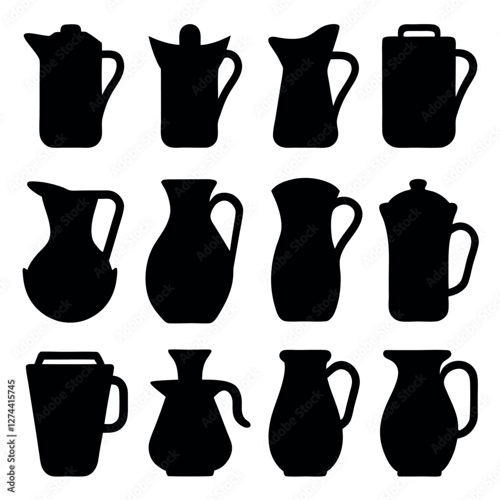 Collection of Black and White Silhouettes of Various Coffee and Tea Vessels Collection of Black and White Silhouettes of Various Coffee and Tea Vessels
