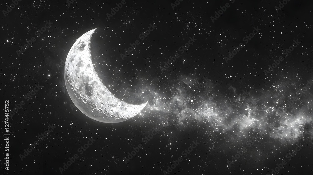 Fototapeta premium Minimalist and Stylized Black and White Design of a Crescent Moon and Twinkling Stars in the Night Sky Serene and Atmospheric Celestial Landscape for Graphic Elements Backgrounds or Digital Art