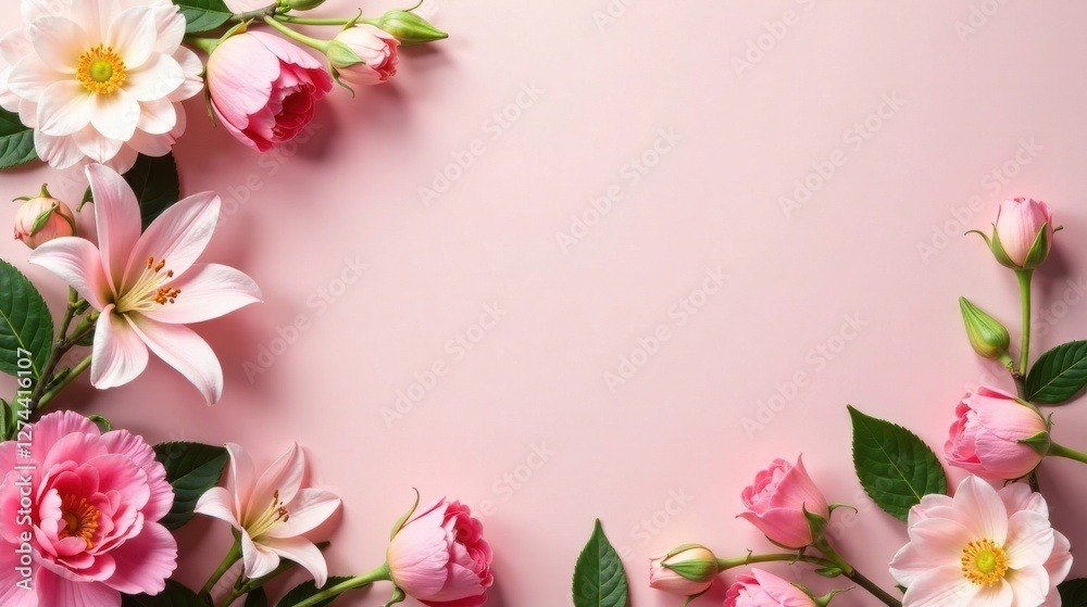 Naklejka premium Delicate Pink Floral Frame with Lilies, Roses, and Dahlias on a Soft Background