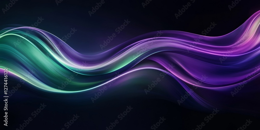 Obraz premium an abstract wavy design with teal, purple and blue colors flowing across a dark background. The design evokes a sense of elegance and sophistication