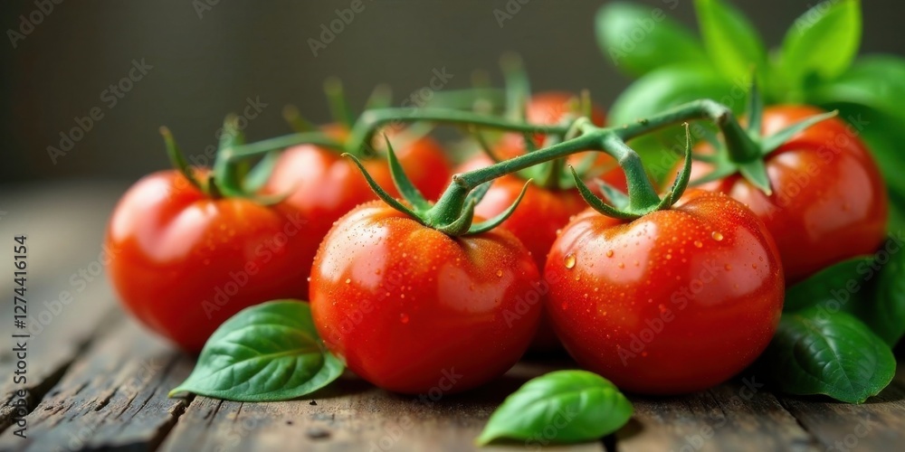 A cluster of vibrant red tomatoes still attached to their vine, glistening with fresh dew drops, rests on a rustic wooden surface, adorned with lush green basil leaves. A cluster of vibrant red tomatoes still attached to their vine, glistening with fresh dew drops, rests on a rustic wooden surface, adorned with lush green basil leaves.