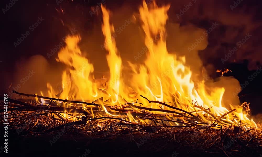 Burning Fire with Bright Flames and Smoke in Dark Night Background Burning Fire with Bright Flames and Smoke in Dark Night Background