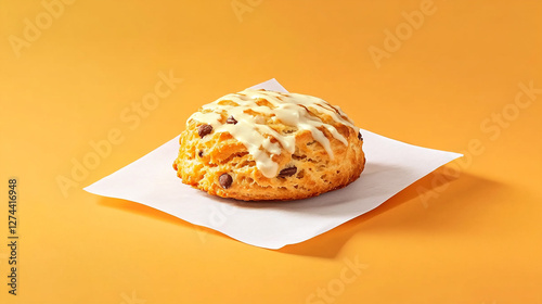 Delicious soft glazed biscuit with chocolate chips on white piece of napkin on orange background. Traditional American cuisine pastry