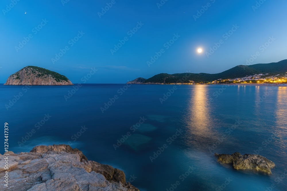 Fototapeta premium Moonlit coastal scene, island, calm sea, village lights, tranquil night