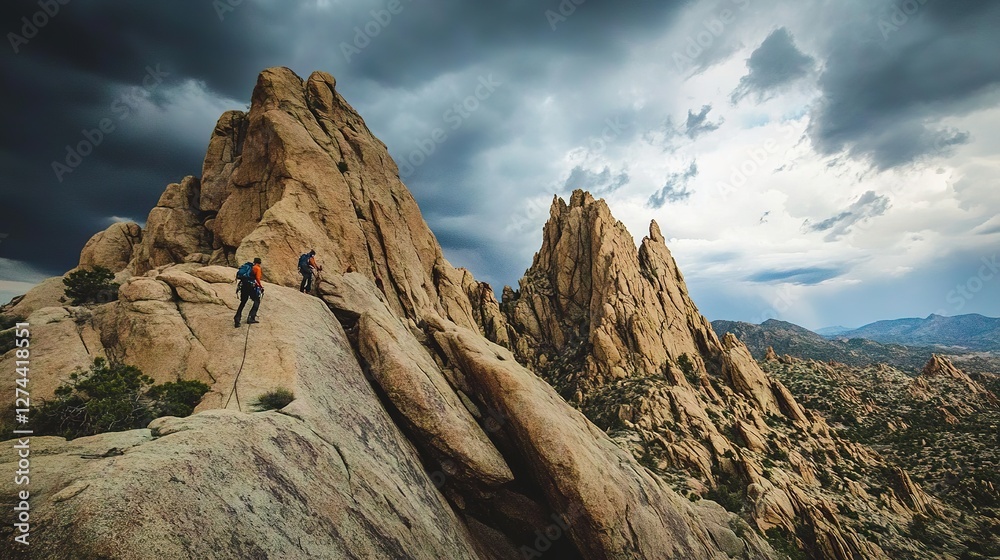* Adventurers scaling rocky ridges under dramatic skies. * Adventurers scaling rocky ridges under dramatic skies.