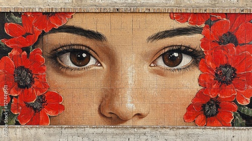 Mosaic Mural Depicting Womans Face Framed By Poppies