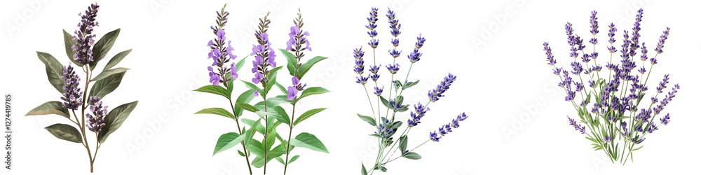 set of a Lavender flowers and leaves isolated on a transparent background set of a Lavender flowers and leaves isolated on a transparent background