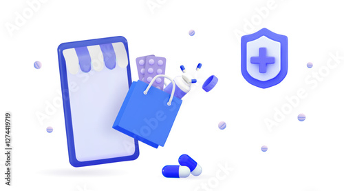 3d medicine ordering mobile and payment with money concept of healthcare Medical drug store online 3d icon vector render illustration