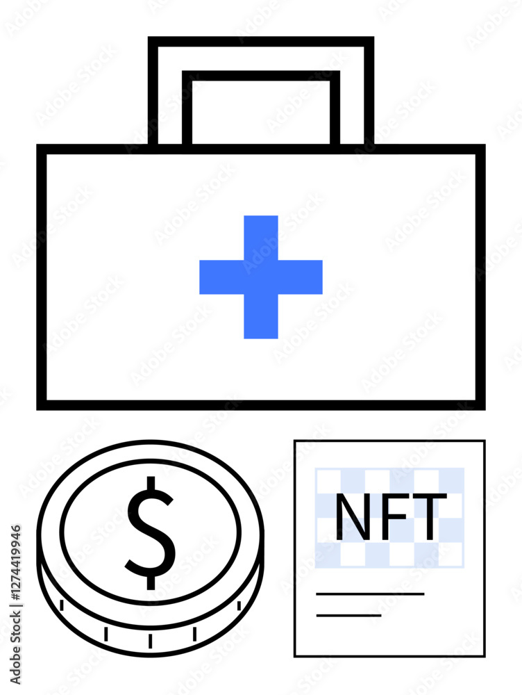 Obraz premium Medical kit with blue cross, coin with dollar sign, and NFT document. Ideal for topics thumbs up digital health, funding, fintech, blockchain, innovation, cryptocurrency abstract line flat metaphor