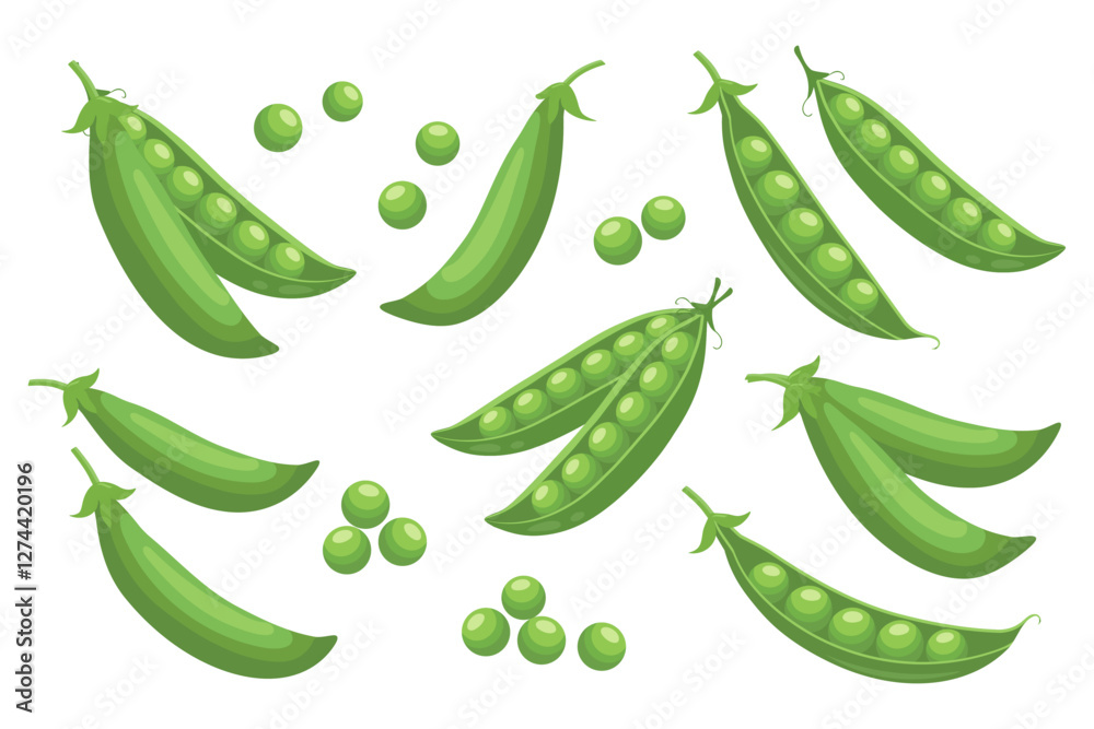 Set of green peas. Collection of green peas in pods on white background. Legumes, food illustration. Set of green peas. Collection of green peas in pods on white background. Legumes, food illustration.