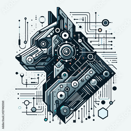 Stylized digital dog head in a cybernetic design with intricate circuit patterns, abstract illustration, copy space