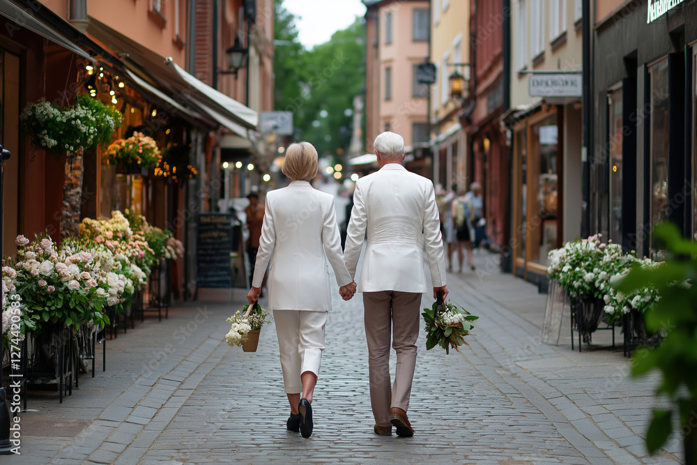 Naklejka premium Elegant couple holding hands while walking through a charming street adorned with flowers
