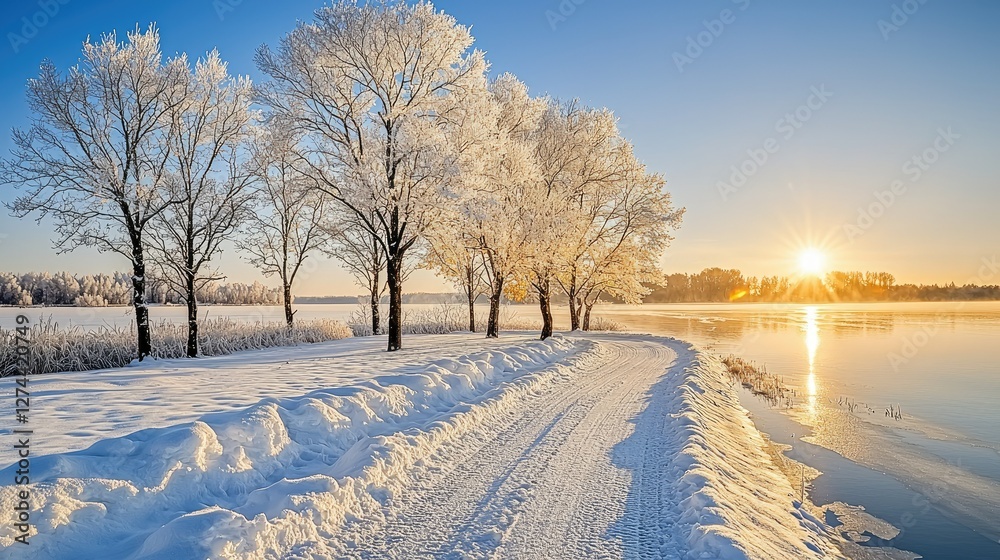 Fototapeta premium Frosty Trees Line A Winter River Path Sunrise