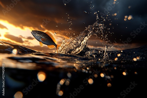 Fish leaps dramatically from ocean surface at sunset, captured in stunning detail. Generative AI