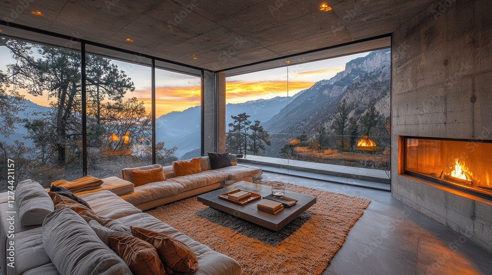 Fototapeta premium Modern living room with panoramic mountain view at sunset, featuring cozy furniture and a fireplace