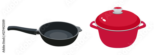 Pot and pan Isolated on a white background. Pot with lid and cast iron skillet with thick walls. Vector illustration in flat style. Colored icon of kitchen utensils, dishes.