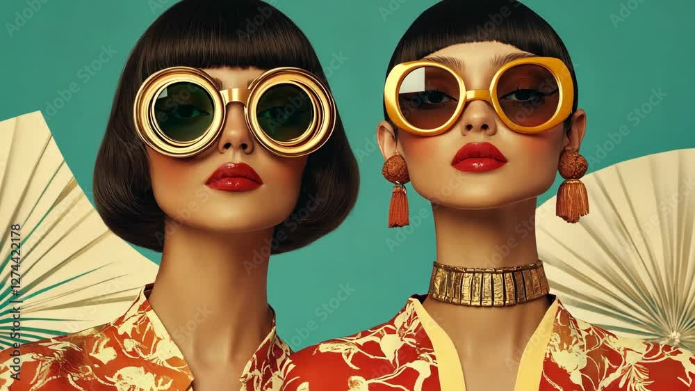 Two stylish models showcase vintage fashion and accessories in a vibrant studio setting